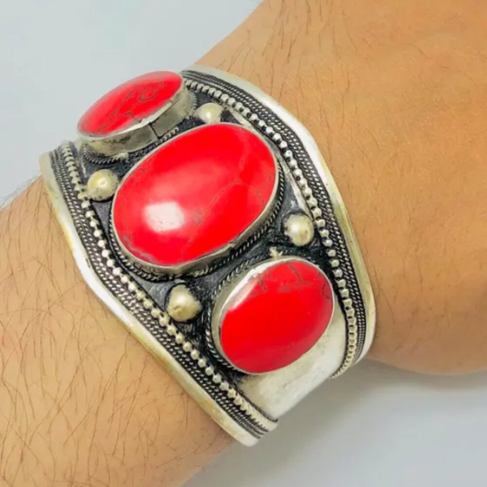 Single Coral Stone Boho Cuff, Handmade Afghan Kuchi Tribal Bracelet